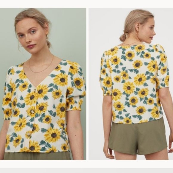 💖 2/$25 H&M Divided Sunflower Puff-Sleeve Blouse - Picture 1 of 7